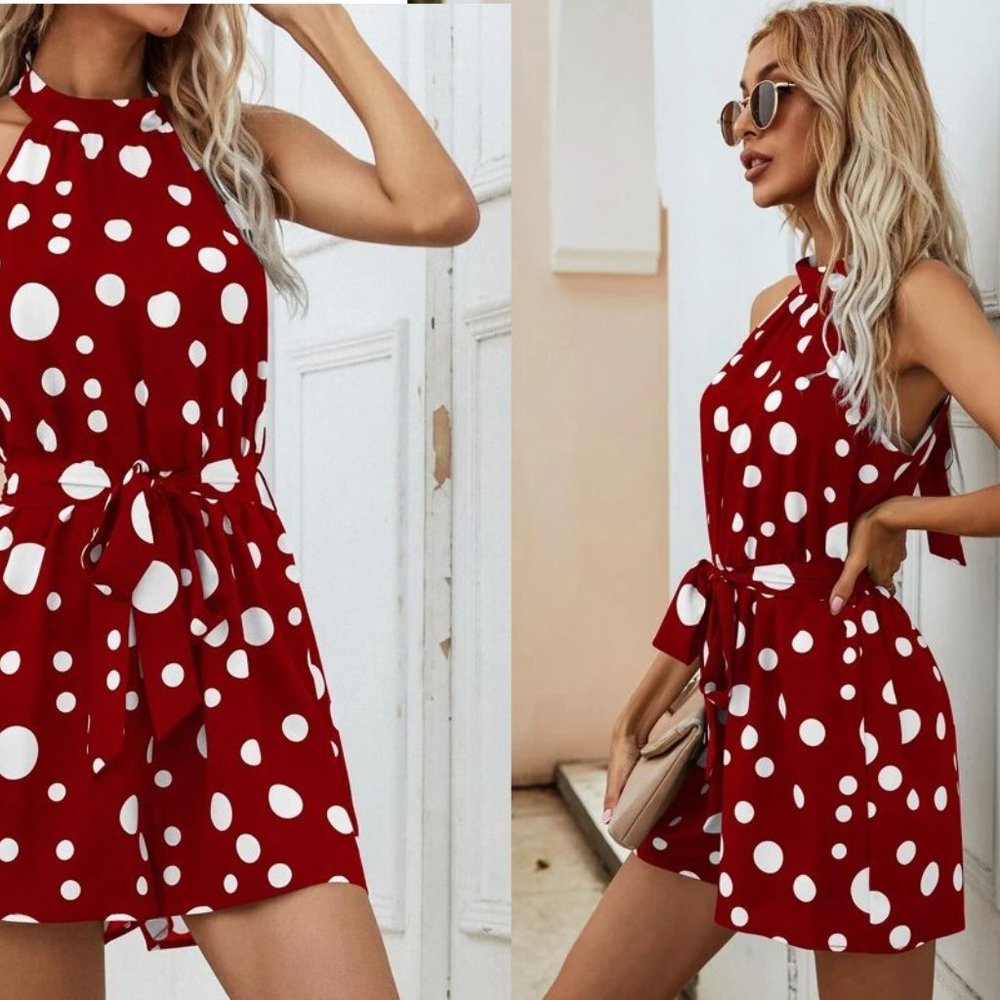 Sale 🎉NEW! Size M Polka Dot Belted Halter Romper - Picture 2 of 2